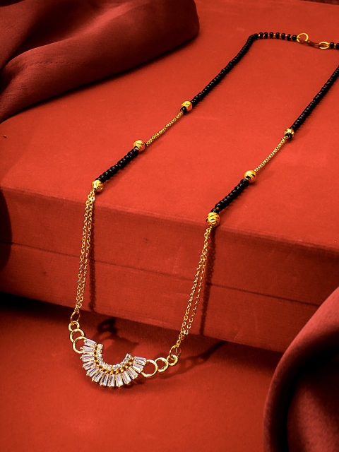 

aadita Gold-Plated Black & White AD-Studded Beaded Mangalsutra