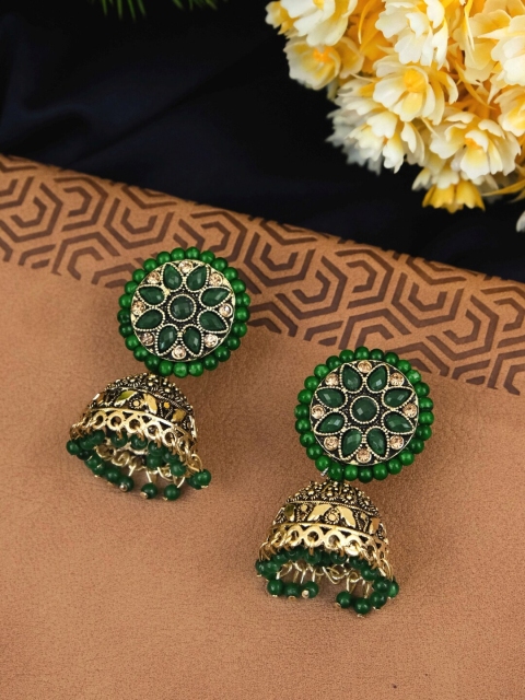 

Crunchy Fashion Green Gold-Plated Antique Stone Studded & Beaded Dome Shaped Jhumkas