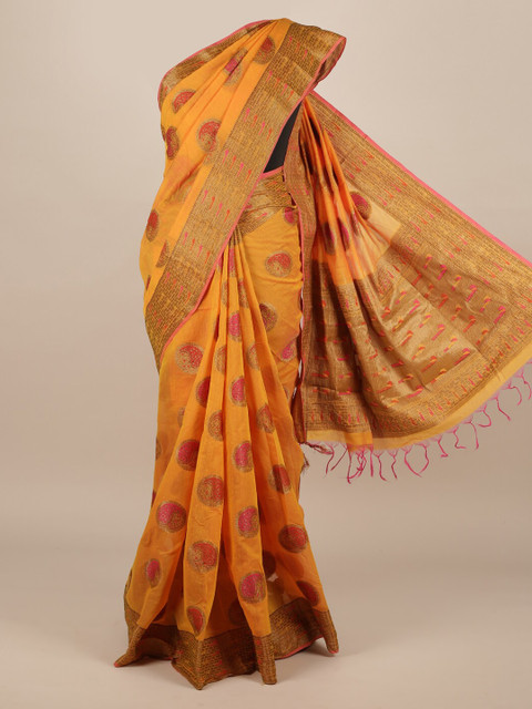 

Pothys Mustard Yellow & Red Jute Silk Woven Design Saree