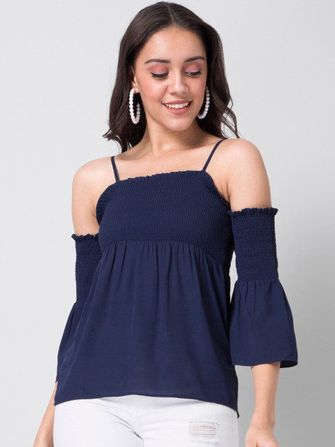 

FabAlley Blue Cold-Shoulder Sleeves Smocked Crepe Regular Top