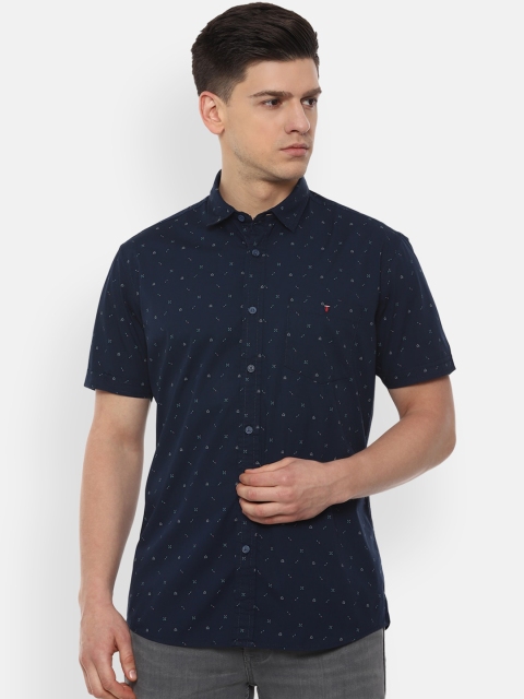 Louis Philippe Jeans Men Navy Blue & Peach-Coloured Slim Fit Printed Casual Shirt