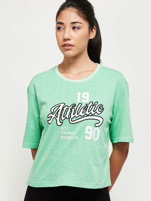 

max Women Green & White Typography Printed Round Neck T-shirt