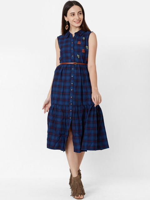 

ZOLA Women Navy Blue Checked Shirt Dress