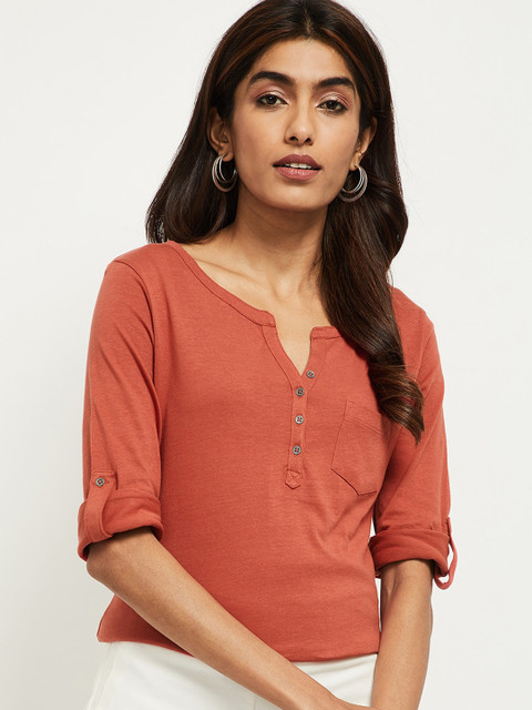 

max Women Rust Solid V-Neck Pure Cotton T-shirt