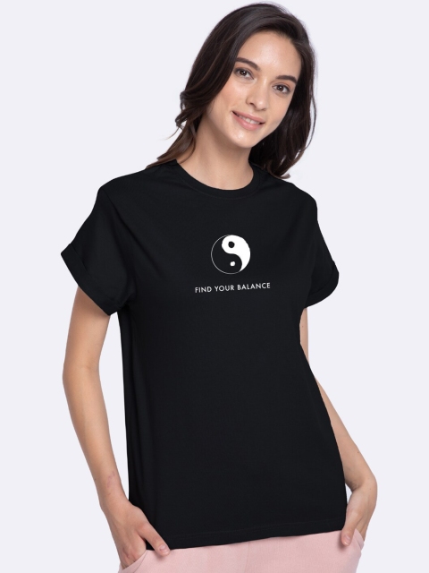 

Bewakoof Women Black Ying Yang Find Your Balance Printed Round Neck Pure Cotton T-shirt