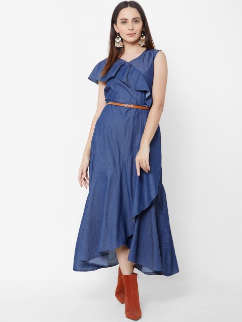 

ZOLA Women Blue Solid A-Line Dress with Belt