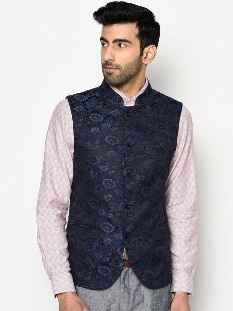 

Blackberrys Men Navy Blue Floral Slim Fit Cotton Nehru Jacket