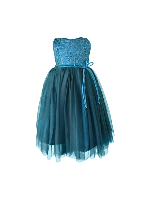 Faye Girls Green Solid Fit and Flare Dress