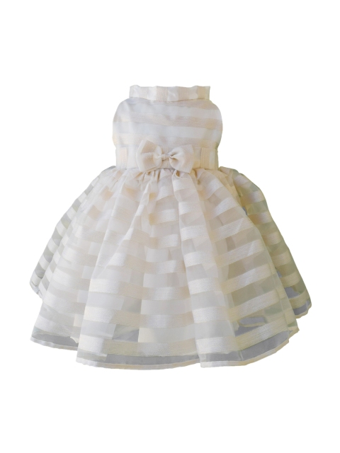 

Faye Girls White & Golden Self-Striped Tissue Fit & Flare Dress with Bow Detail