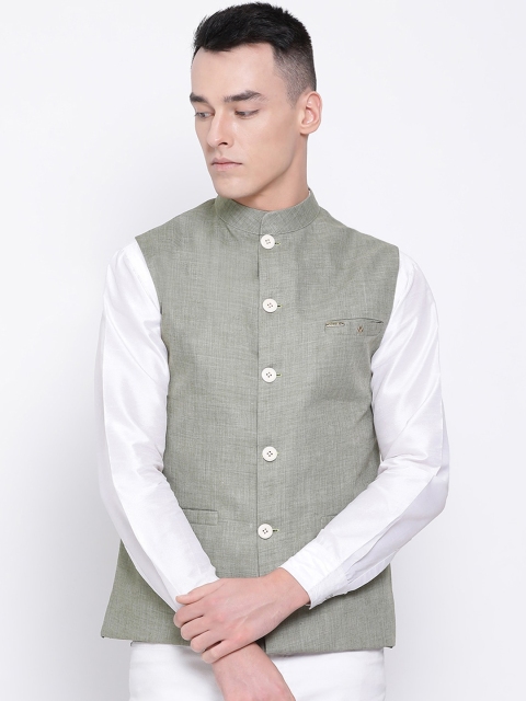 DEVOILER Men Green Solid Woven Nehru Jacket