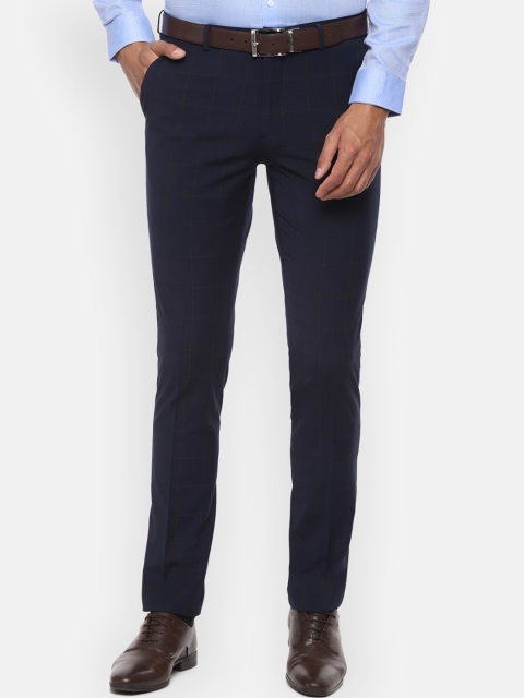 

Louis Philippe Men Navy Blue & Brown Slim Fit Checked Formal Trousers