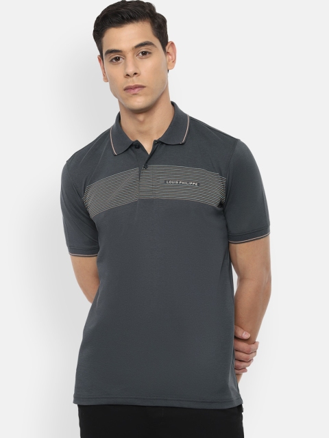 

Louis Philippe Men Charcoal Grey & Beige Striped Polo Collar T-shirt