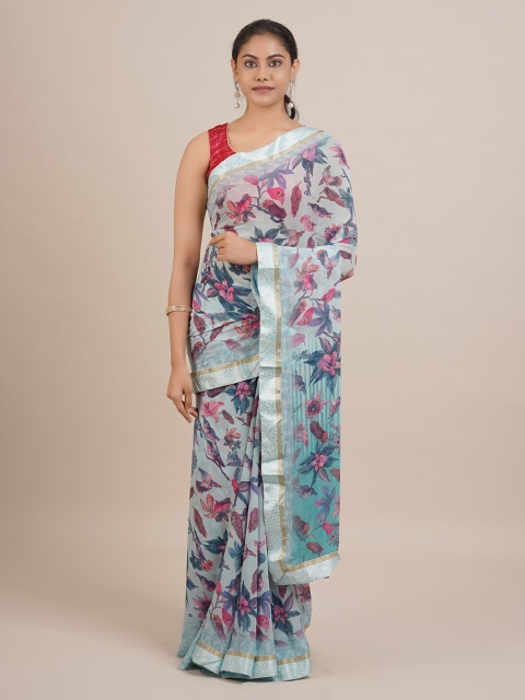 

Pothys Blue & Pink Poly Georgette Floral Printed Saree