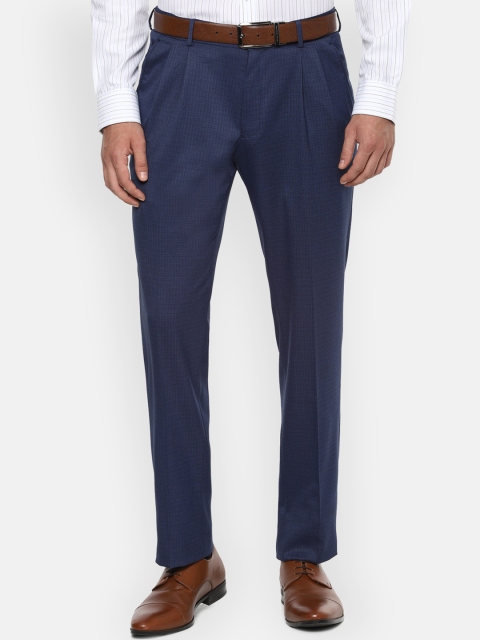 Louis Philippe Men Navy Blue Regular Fit Self Design Formal Trousers