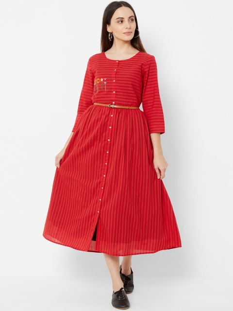 

ZOLA Women Red Striped A-Line Dress with Belt