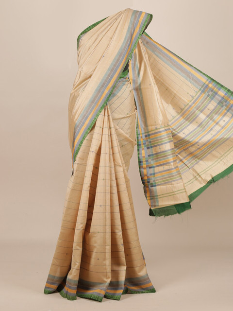 

Pothys Cream-Coloured & Green Jute Silk Striped Saree