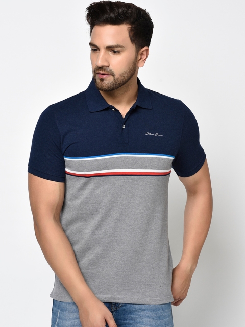 

Octave Men Grey & Navy Blue Colourblocked Polo Collar T-shirt