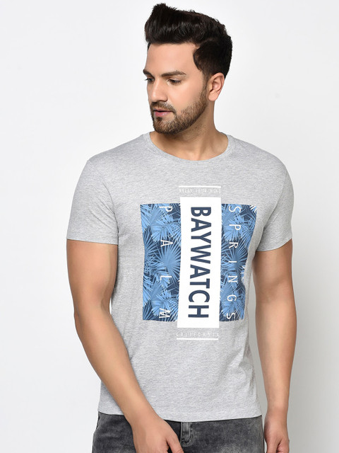 

Octave Men Grey Printed Round Neck Cotton T-shirt