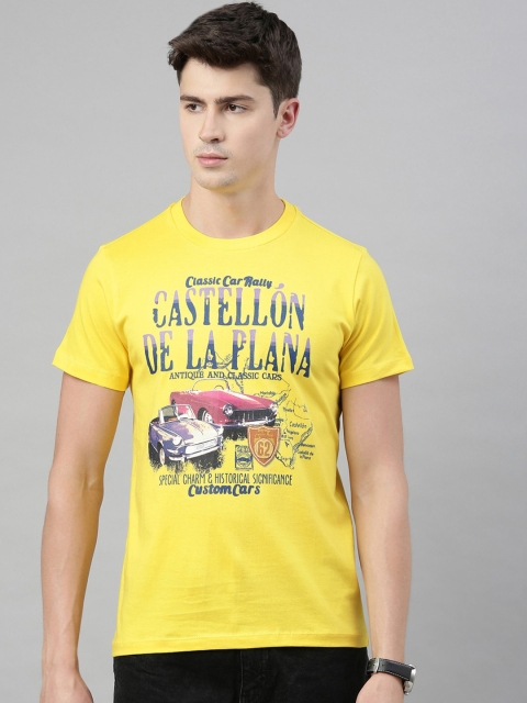 

QUANCIOUS Men Yellow & Blue Graphic Print Organic Cotton Round Neck Sustainable T-shirt