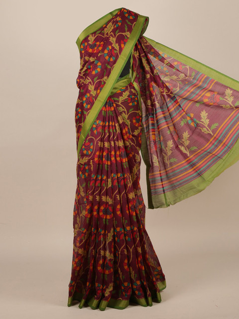 

Pothys Burgundy Printed Jute Silk Saree