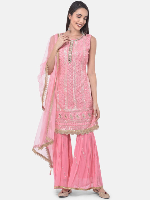 

Neerus Women Pink & Golden Embroidered Kurta with Sharara & Dupatta