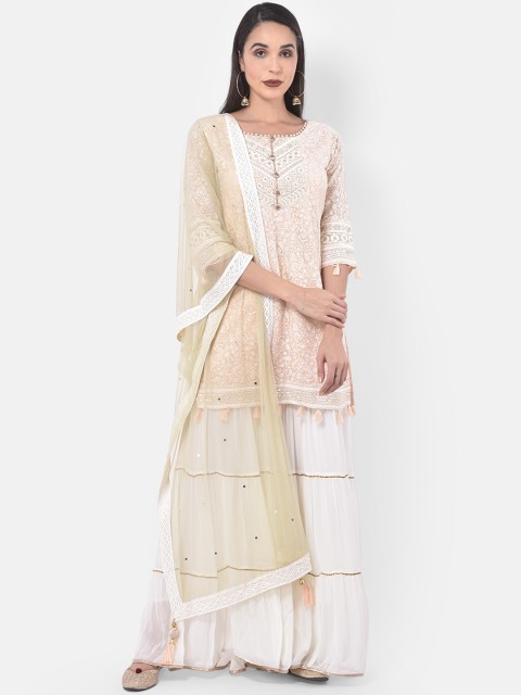 

Neerus Women Peach-Coloured Embroidered Kurti with Sharara & Dupatta