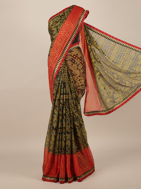

Pothys Green & Red Poly Chiffon Printed Saree