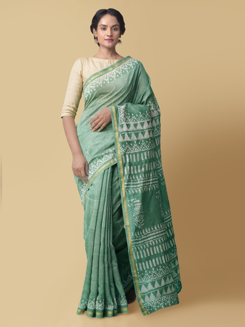 

Unnati Silks Green Silk Cotton Striped Chanderi Saree
