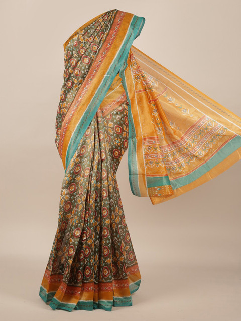 

Pothys Olive Green & Orange Jute Silk Printed Saree