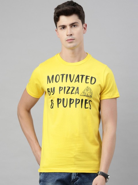 

QUANCIOUS Men Yellow & Black Organic Cotton Printed Round Neck T-shirt