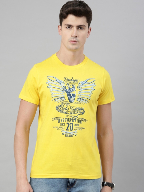 

QUANCIOUS Men Yellow & Blue Organic Cotton Printed Round Neck T-shirt