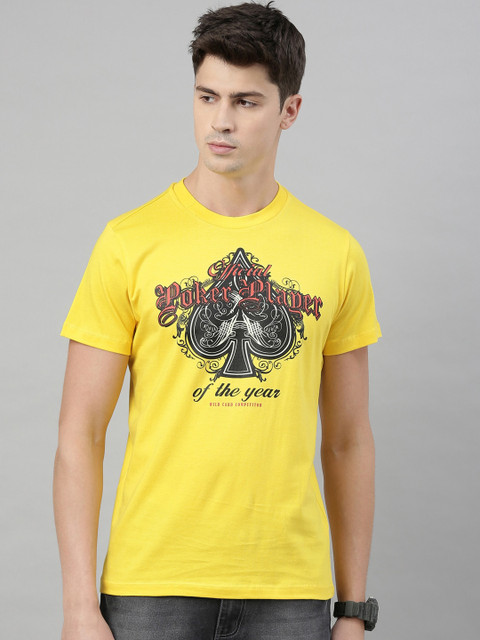 

QUANCIOUS Men Yellow & Black Spades Print Organic Cotton Round Neck Sustainable T-shirt