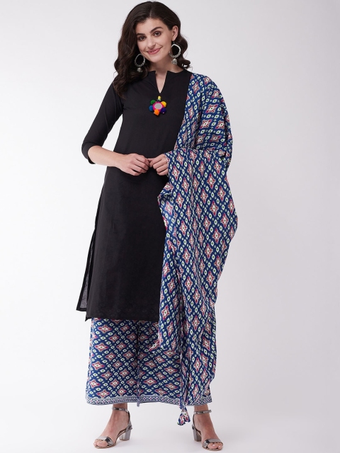 

InWeave Women Black & Navy Blue Solid Kurta with Palazzos & Dupatta