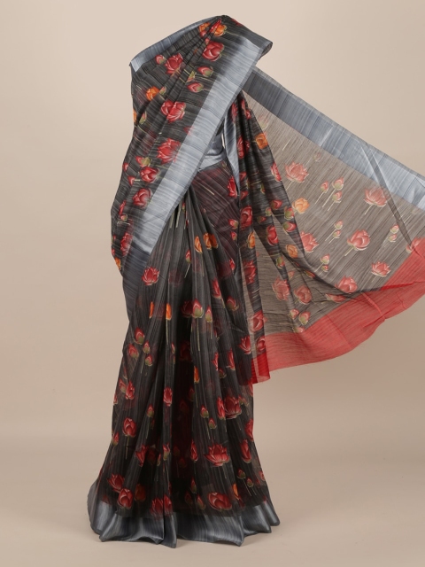 

Pothys Charcoal & Orange Jute Silk Printed Saree