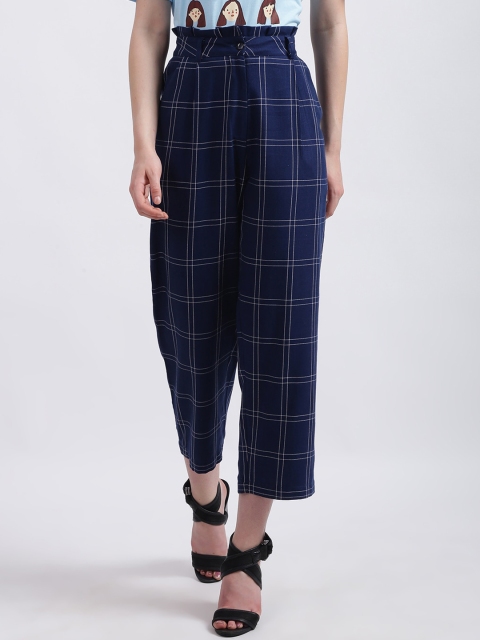 

Zink London Women Navy Blue & White Regular Fit Checked High-Rise Cropped Trousers