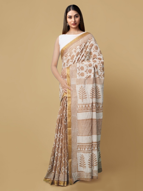 

Unnati Silks White & Taupe Pure Cotton Printed Dabu Saree