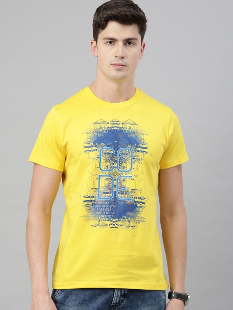 

QUANCIOUS Men Yellow & Blue Graphic Print Organic Cotton Round Neck T-shirt