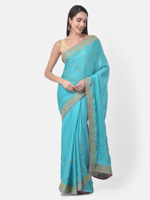Neerus Sea Green Embroidered Poly Chiffon Saree