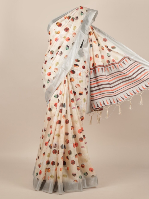 

Pothys Cream-Coloured & Orange Linen Blend Printed Saree