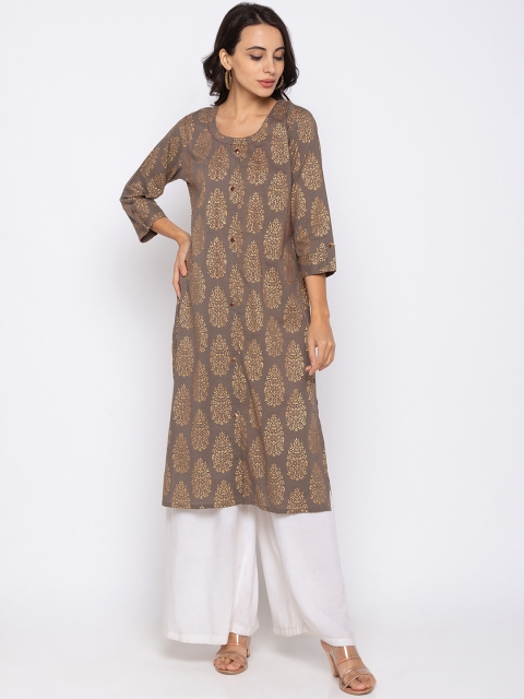 

TANKHI Women Grey & Gold-Toned Ethnic Motifs Printed Kurta