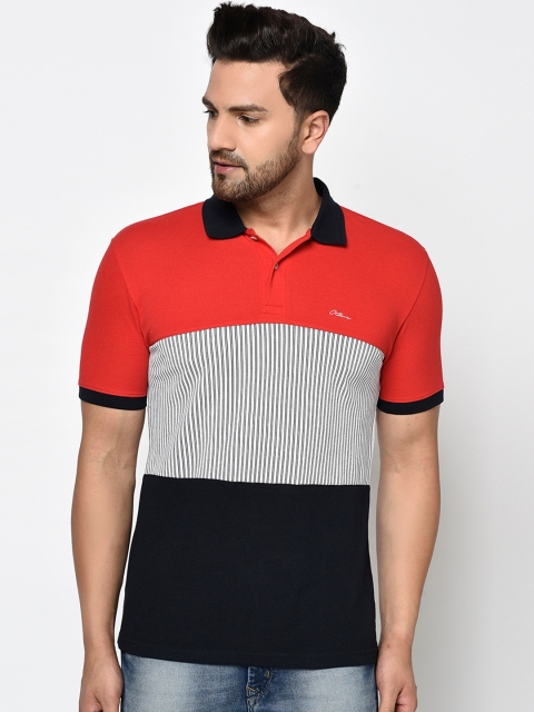 

Octave Men Red & Black Pure Cotton Striped Polo Collar T-shirt