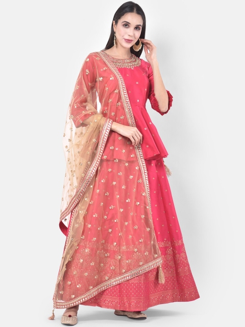 

Neerus Pink & Gold-Toned Embellished Beads and Stones Ready to Wear Lehenga & Made Measure Blouse With