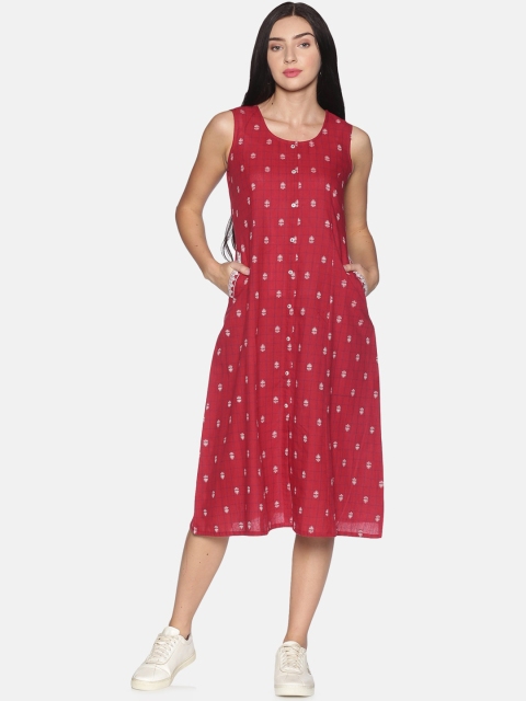 

Saffron Threads Women Maroon Checked Cotton A-Line Dress