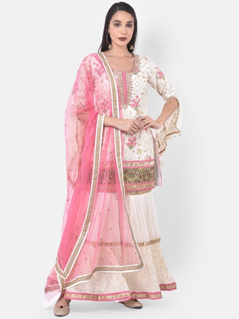 

Neerus Women Off-White & Pink Embroidered Kurti with Sharara & Dupatta