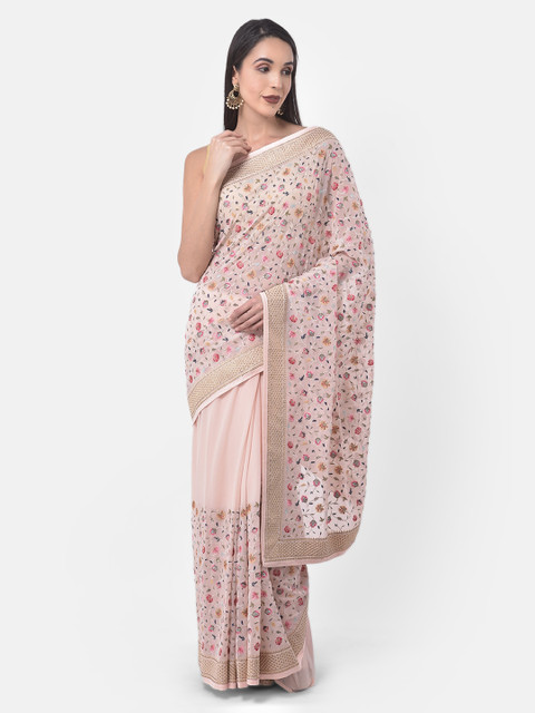 

Neerus Peach-Coloured & Pink Poly Georgette Embroidered Saree