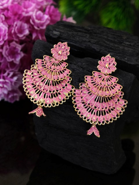 

Crunchy Fashion Pink Gold-Plated Enamelled Crescent-Shaped Chandbalis