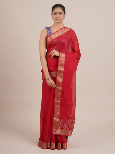 

Pothys Red Solid Poly Georgette Saree