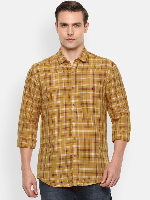 

Louis Philippe Jeans Men Yellow & Beige Slim Fit Checked Casual Linen Cotton Shirt