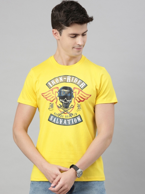 

QUANCIOUS Men Yellow & Black Organic Cotton Printed Round Neck T-shirt