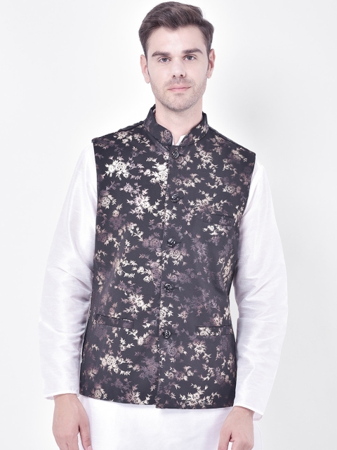

SG LEMAN Men Black & White Printed Satin Nehru Jacket